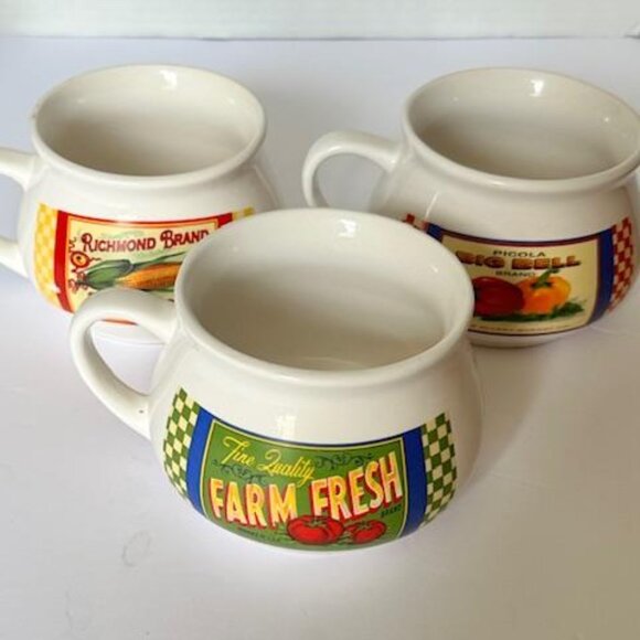 Vintage Dat'l Do-It Inc Harvest Vegetable Theme Soup Bowls Mugs Cups Set Of 3 - Picture 1 of 6